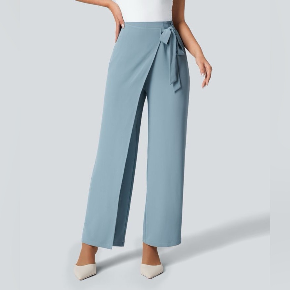 NWT HALARA High Waisted Tie Side Wide Leg Work Pants- Forget-Me-Not Size Small